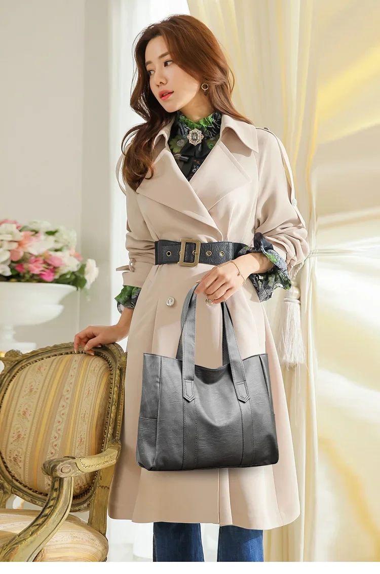 Female Big Soft Leather Satchel Bag Classic Solid Color Simple Casual Large Capacity Tote Single Shoulder Bag Purses and Handbag