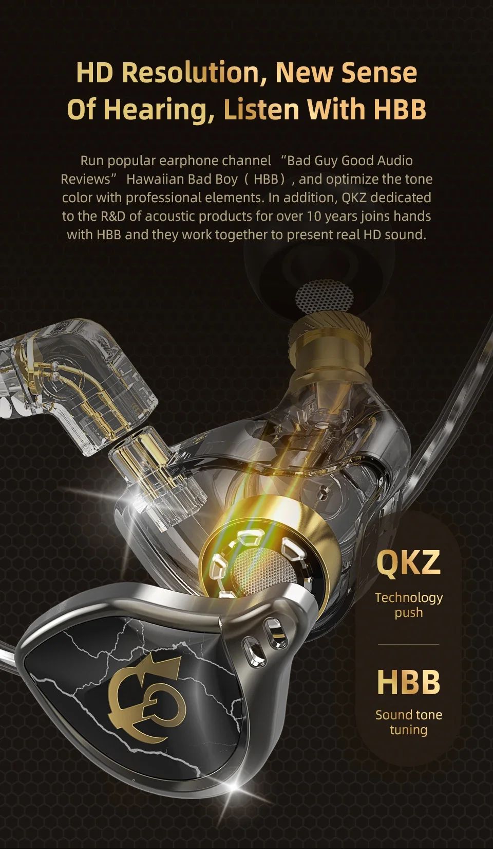 QKZ X HBB Best HiFi In Ear Wired Earphones 10mm Titanium-Coated Diaphragm Semi-open Cavity CNC Aluminum Alloy Monitor Headphone