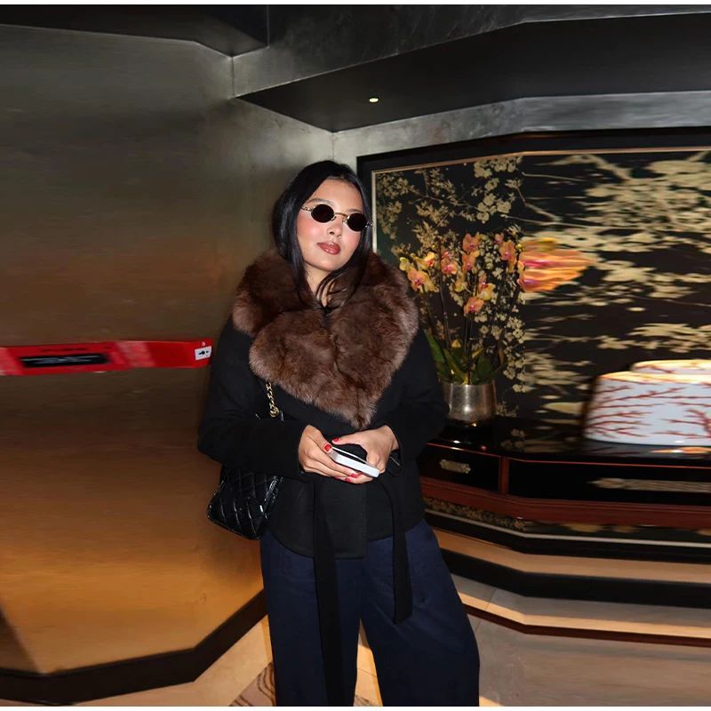 Elegant Fur Collar Woolen Coat Women Contrast Full Sleeve Turn-down Collar Loose Lace Up Coats Female 2025 Autumn Lady Outwears