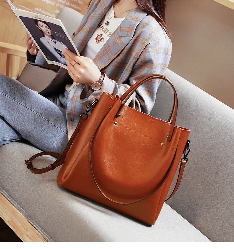 Women's Cow Genuine Leather Handbags Lady Vintage Retro Cowhide shoulder Bag Ladies Luxury large capacity multiple Pockets Lady