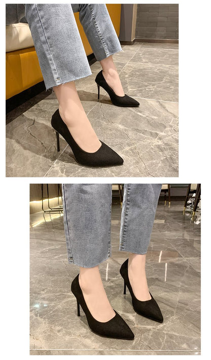 High Heels Women's New Women's Shoes Pointed Shallow Mouth Single Shoes Fine Heel Suede Black Fashion Shoes Women Large Size
