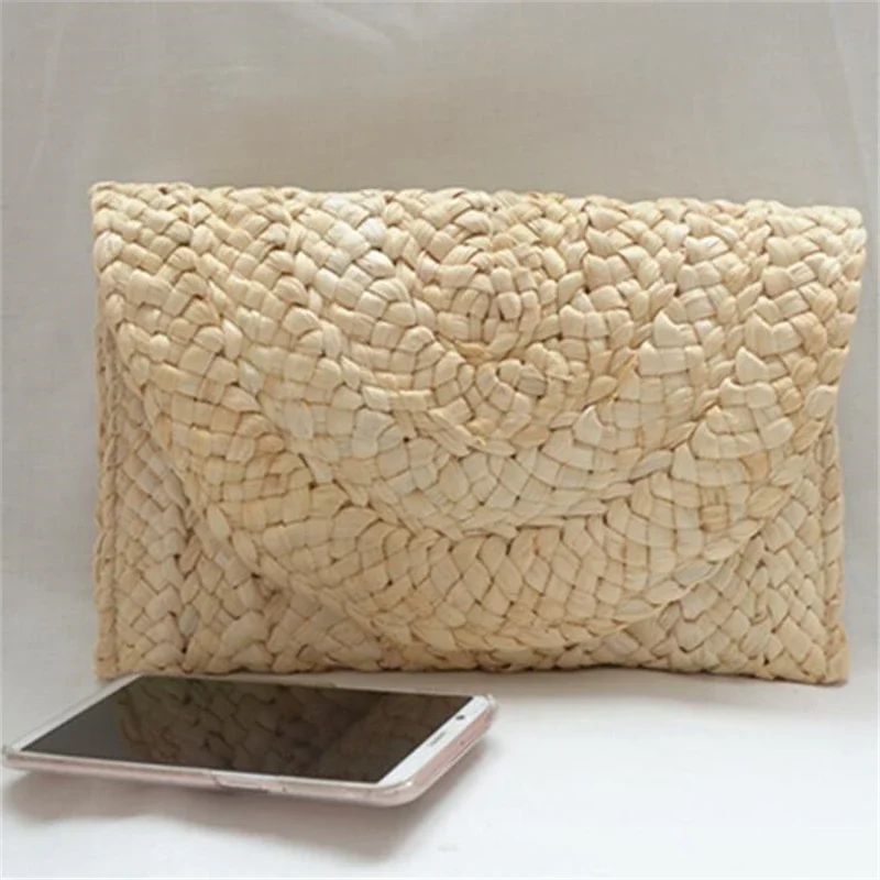 Fashionable Corn Husk Straw Bags Hand-woven Women Clutch Envelope Handbag Long Purse for Female Summer Beach Bag Bolsa 2024