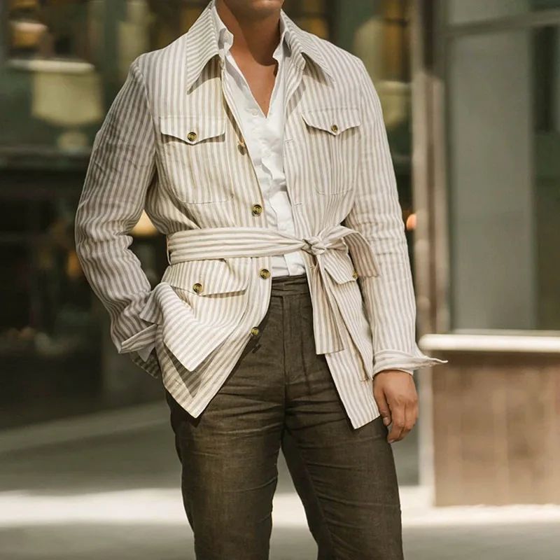 2024 New Men's Coats for Autumn Winter European and American Men's Wear Plus-size Striped Hawaii Cargo Long-sleeved Shirt S-5XL