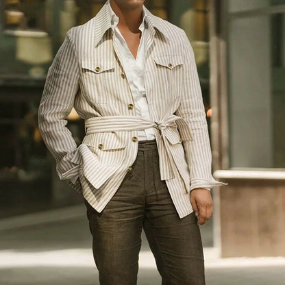 2024 New Men's Coats for Autumn Winter European and American Men's Wear Plus-size Striped Hawaii Cargo Long-sleeved Shirt S-5XL