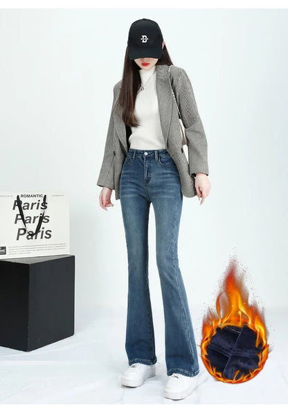 2024 Winter Fleece Women's Flare Pants Retro Slim High Waist Elastic Cotton Thick Warm Denim Pants Fashion Korean Female Clothes