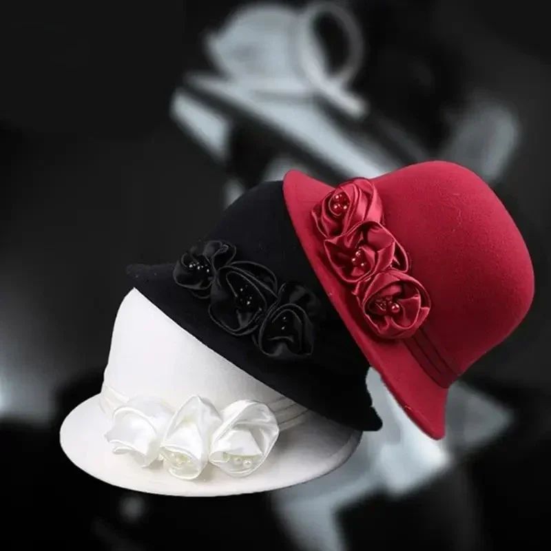 Autumn Winter NEW Wool Formal Hat Women’s  Hat Church Hat Fisherman Hat Rose Blossoms Pearl Elegant Fashion Versatile