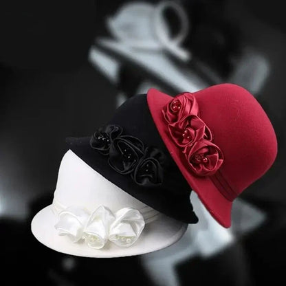Autumn Winter NEW Wool Formal Hat Women’s  Hat Church Hat Fisherman Hat Rose Blossoms Pearl Elegant Fashion Versatile