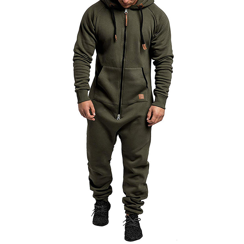 Men's Hooded Fleece Lining Jumpsuit Autumn Winter Warm Long Sleeve Full Zipper Overalls with Kangaroo Pockets Night Clothes