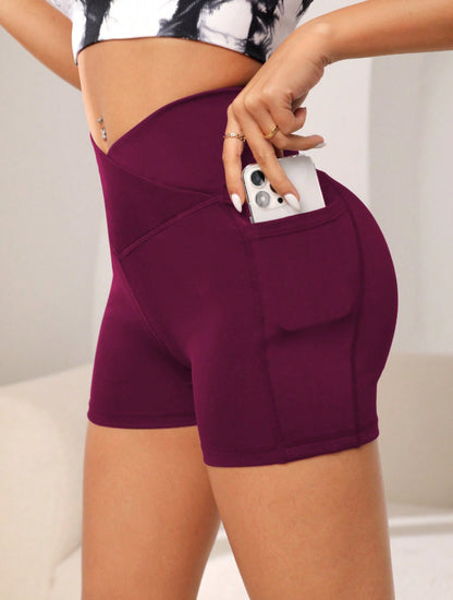 Women High Waist Yoga Sport Biker Shorts for Fitness Cross Waist Pocket Yoga Pant