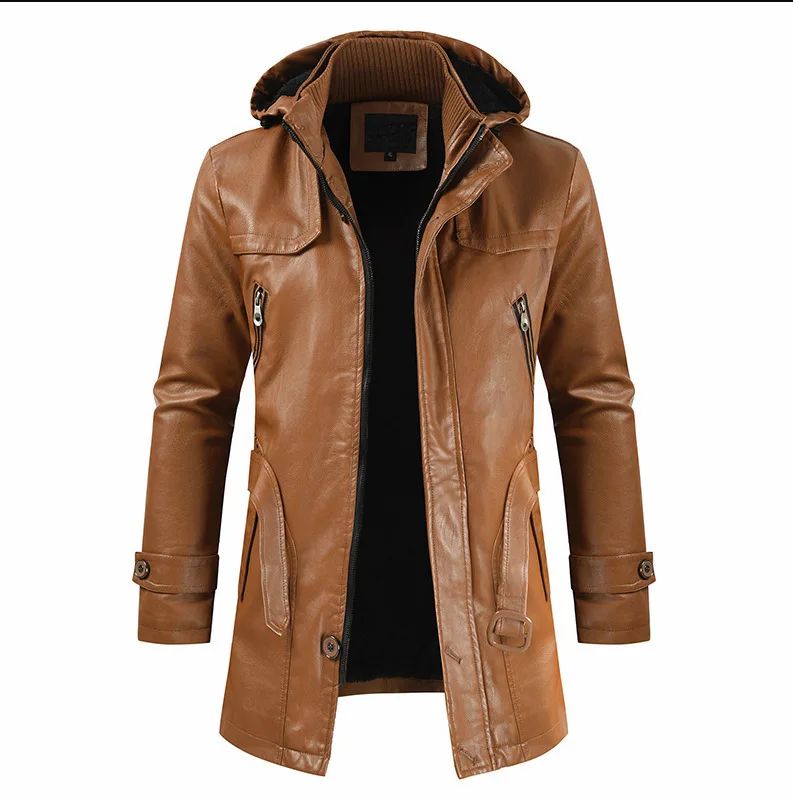 Winter Men's Leather Motorcycle Leather Korean Fashion Jacket Coat Windproof Clothes Men's Hooded Medium Long Windbreaker Coats