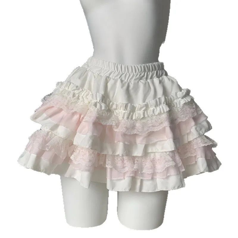 Pink Lace Puffy Skirt Women's Sweet High Waist A- Line Mini Skirt Ballet Style Short Skirt Anti-Light Walking Slimming Effect