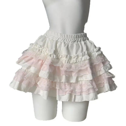 Pink Lace Puffy Skirt Women's Sweet High Waist A- Line Mini Skirt Ballet Style Short Skirt Anti-Light Walking Slimming Effect
