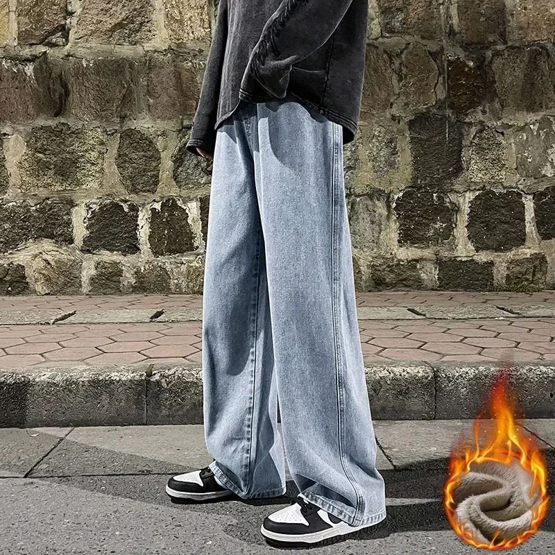 Calças jeans largas de inverno com forro polar, Calças largas retas de veludo, quentes e confortáveis, com elástico na cintura e pernas largas, marca de roupas masculinas