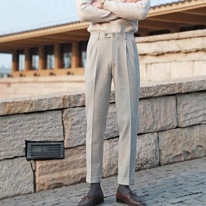 Men's Neapolitan High Waist Autumn Winter Woolen Trousers Straight Leg Drapey No Iron Business Pants Casual Scene