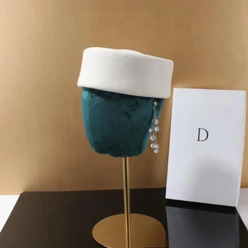 Autumn Winter Women Wool Fedoras Hats Elegant French Hard Top Concave Top Felt Berets Hat  Wedding Fascinator Party Pillbox Cap