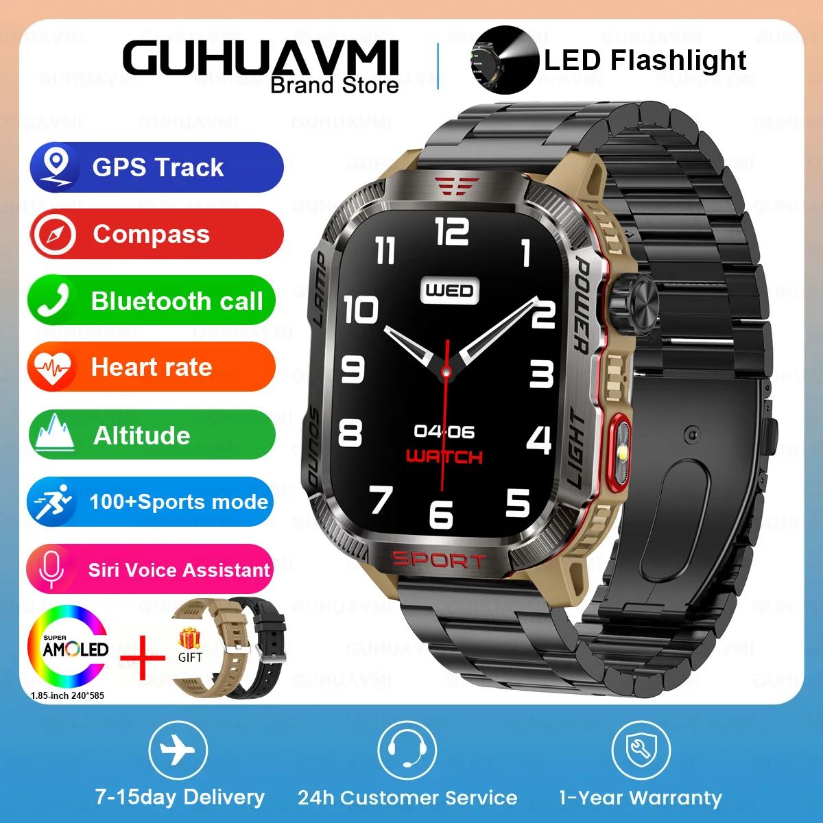 Novo relógio inteligente masculino para ambientes externos de 2,01 polegadas, à prova d'água 3ATM, bateria de 600mAh, bússola, lanterna LED, chamada Bluetooth, Smartwatch para Xiaomi
