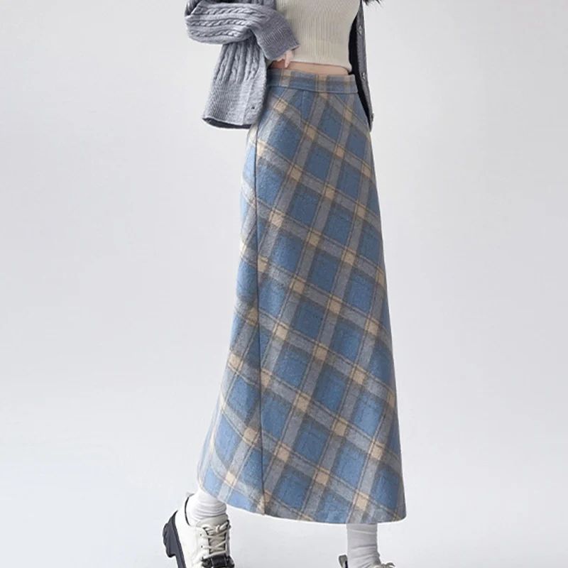 2025 Autumn Vintage Woolen Plaid Skirts Lady Elegant High Waist Slimming A-Line Skirt Women Korean Streetwear Slit Long Skirt