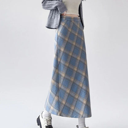 2025 Autumn Vintage Woolen Plaid Skirts Lady Elegant High Waist Slimming A-Line Skirt Women Korean Streetwear Slit Long Skirt