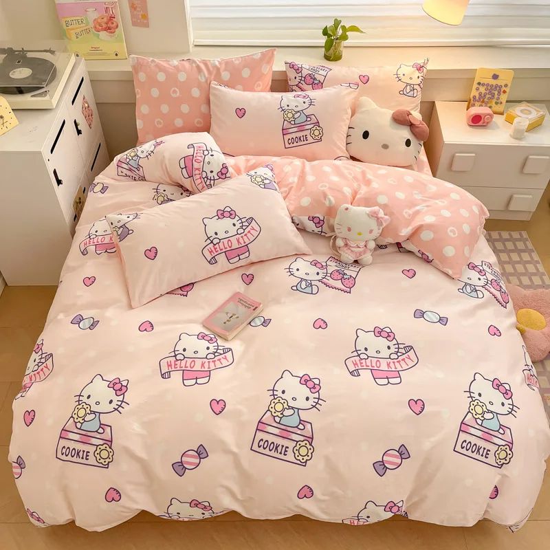 Capa de Edredom Kuromi Melody Desenho Animado Hello Kitty Cinnamoroll Conjunto de Cama Infantil Dormitório Estudantil Capa de Edredom Fofa Decoração de Quarto
