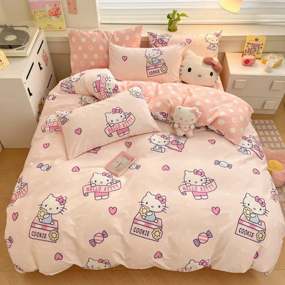 Capa de Edredom Kuromi Melody Desenho Animado Hello Kitty Cinnamoroll Conjunto de Cama Infantil Dormitório Estudantil Capa de Edredom Fofa Decoração de Quarto