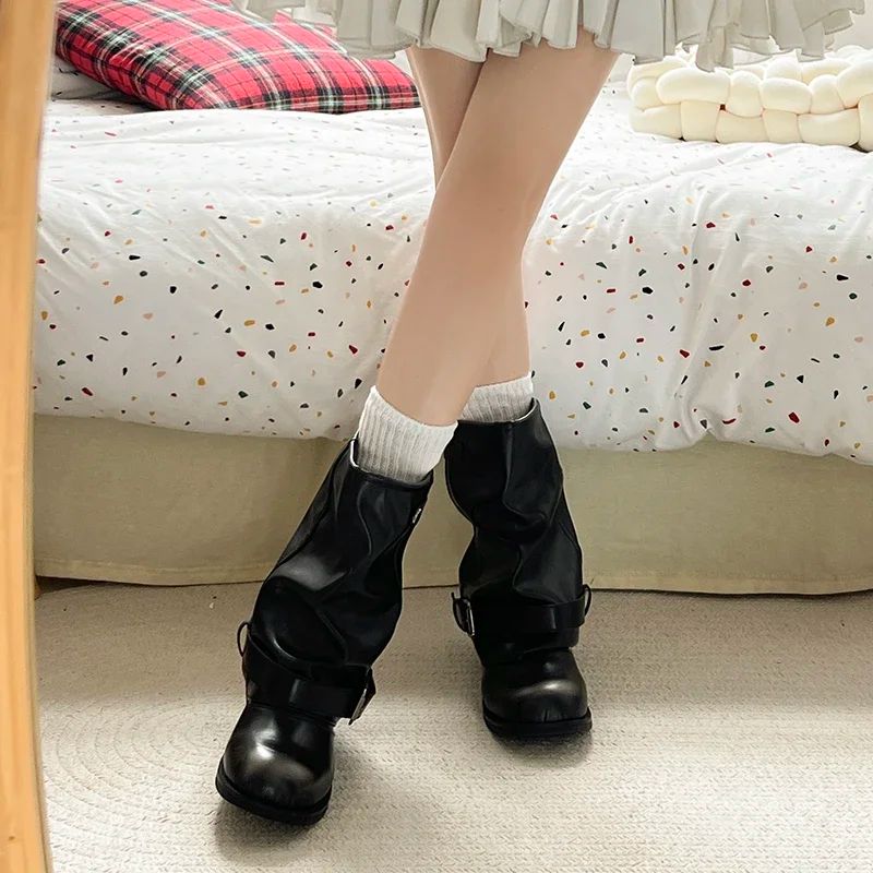 Vintage Thick Heel Women Western Cowboy Boots Fashion Belt Buckle Slip On Shoes Ladies Pleated Short Booties Autumn Winter