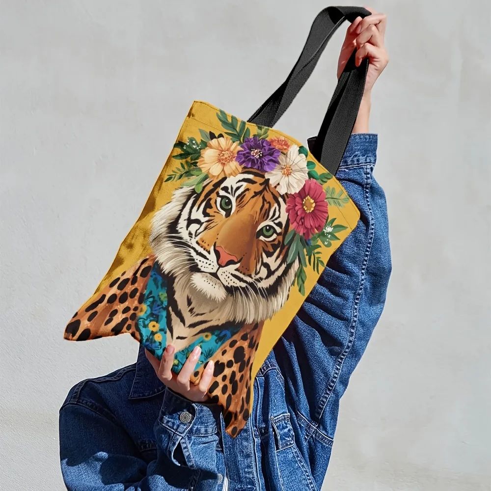 1pc Stylish Tiger & Leopard Print Tote Bag with Vibrant Floral Wreath Design Perfect for Shopping Commuting Gifting on Holidays