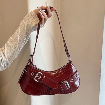 Red Vintage Shoulder Bag Y2K Belt Design PU Leather Underarm Bags for Women Trend Hot Cool Girl Crossbody Bag Punk Style Handbag
