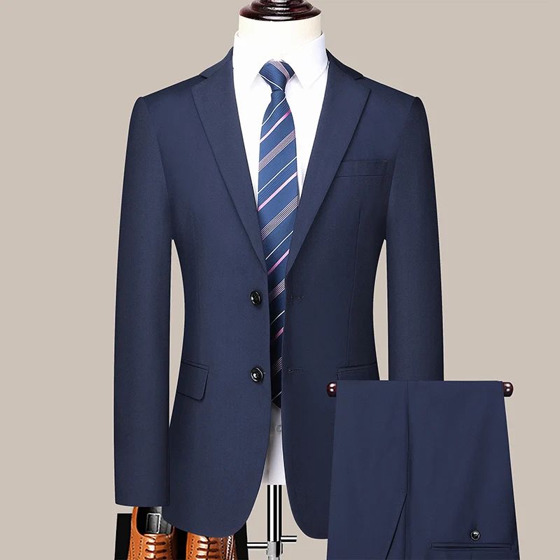 Men's 2024 Slim-fit Two-button Business Suit Professional Work Formal Two-piece Set Trousers Included S-6XL