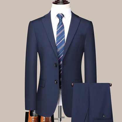 Men's 2024 Slim-fit Two-button Business Suit Professional Work Formal Two-piece Set Trousers Included S-6XL