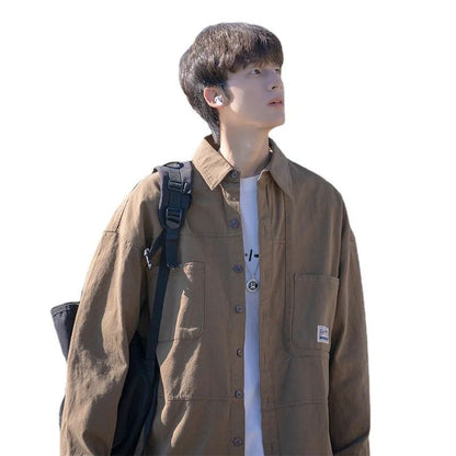 Japanese Series Men's Shirts Casual Vintage Cargo Jacket Top Spring Autumn Solid Blouses Single Breasted Male Clothes Streetwear