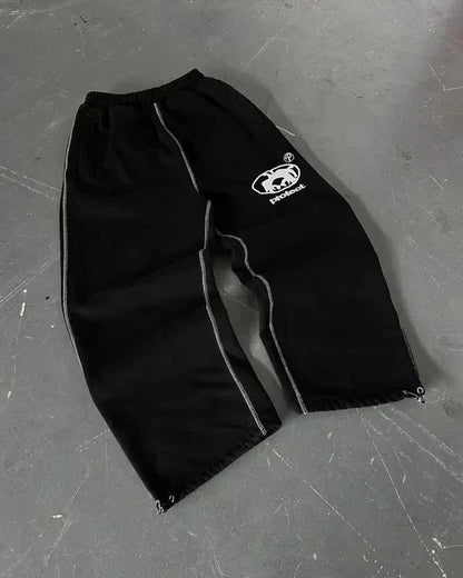 Calça de Moletom Y2K Masculina Feminina Gótica Hip Hop Americana com Patch de Letras Y2K Dupla Camada Larga Elástica na Cintura Calça Jogger Casual