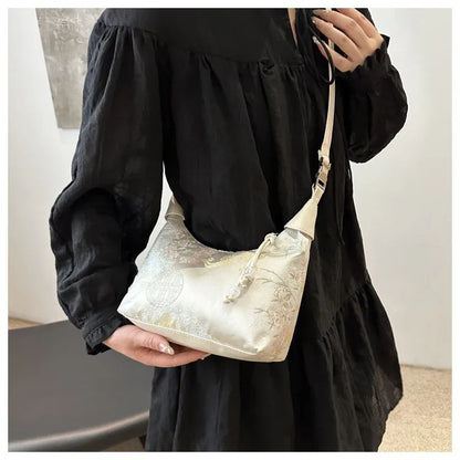 Sweet Embroidery Shoulder Bag Nylon Texture Pearl Pendant Crossbody Bag Small Bucket Handbag Women Canvas Luxury Cheongsam Bag