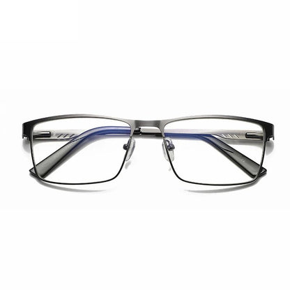 Óculos de Leitura Masculinos Retangulares de Metal com Armação Grande, Hastes Flexíveis, Óculos de Presbiopia para Idosos com Bloqueio de Luz Azul e Proteção para os Olhos