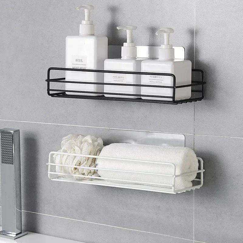 Prateleira de banheiro de ferro forjado estilo japonês, rack de armazenamento de gel de banho montado na parede, suporte de higiene pessoal sem furos para toalete