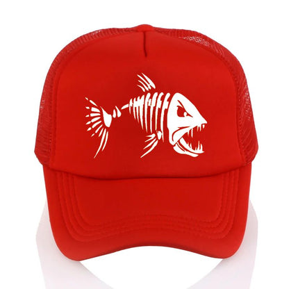 Boné de Beisebol com Ossos de Peixe Crânio Chapéu de Pesca ao Ar Livre Masculino Boné de Malha Respirável de Verão para Entusiastas da Pesca, Bonés Snapback Ajustáveis
