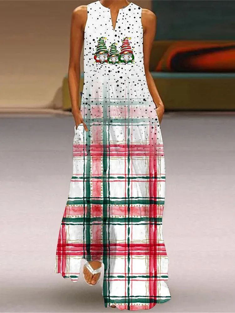 Christmas Dress For Womens Cute CartoonChristmas Element Pattern Print Maxi Dress Sexy Sleeveless V-neck Casual Long Dress Robe