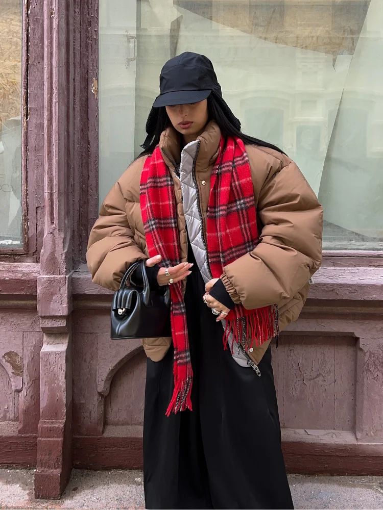 Detachable Hooded Padded Jackets Women's Loose Full Sleeves Zipper Pockets Stand Collar Coats 2025 Autumn Winter Female Outwear