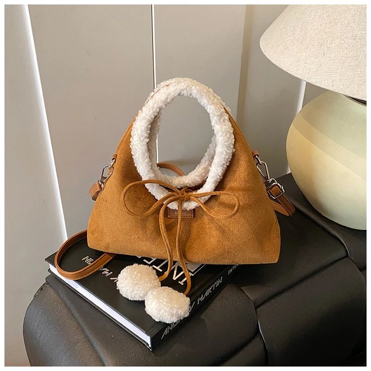 Faux Suede Solid Color Bow Hairy Cute Women's Handbags Christmas Gift Giving Fashion Bags 2025 Autumn/winter New Shoulder Bags