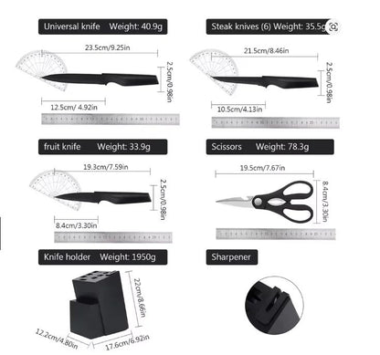 Conjunto de Facas, 15 Peças Conjunto de Facas de Cozinha com Bloco Autoafiável, Lavável na Lava-louças, 6 Facas de Carne, Cabo Antiderrapante, Preto