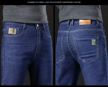 2025 New Classic  Men's Business Casual Velvet Jeans Winter Chinese Embroidery Straight Loose Warm Thick Pants