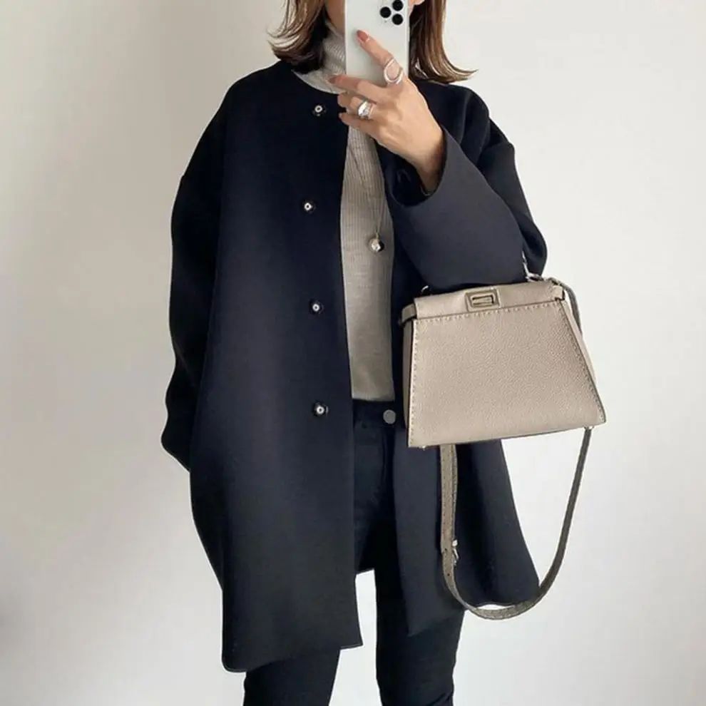 Elegant Three-Color Straight-Leg Coat for Women Loose Fit Pure Color Simple Design Autumn Winter Outerwear Female Top