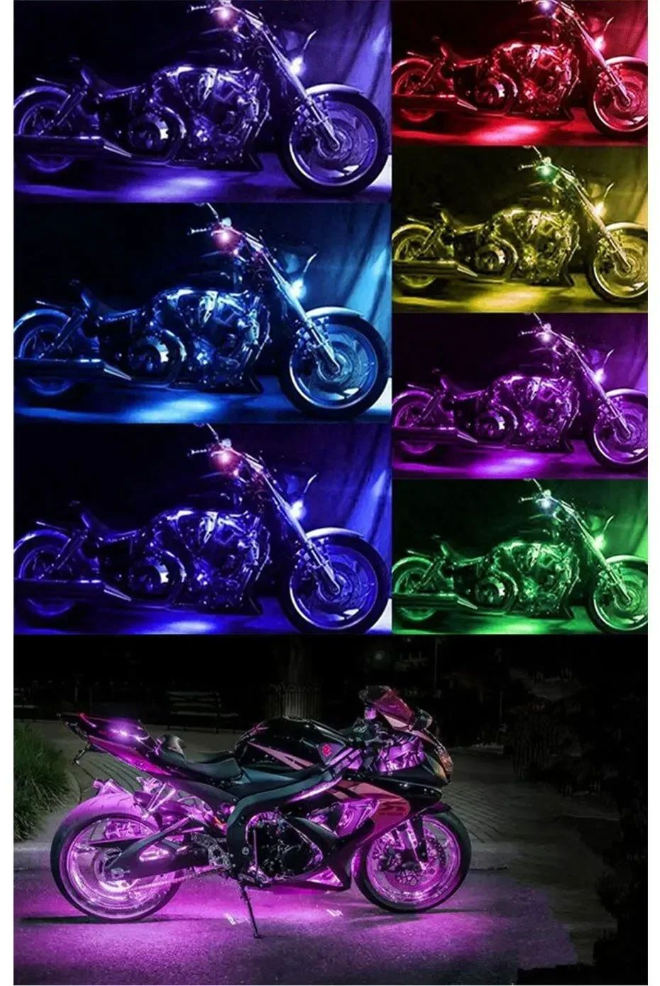 Barra de Luz Decorativa para Moto 12V com Controle Flexível e à Prova D'água, 12 LEDs RGB, Controle por Aplicativo, Luz Ambiente para Carro e Moto