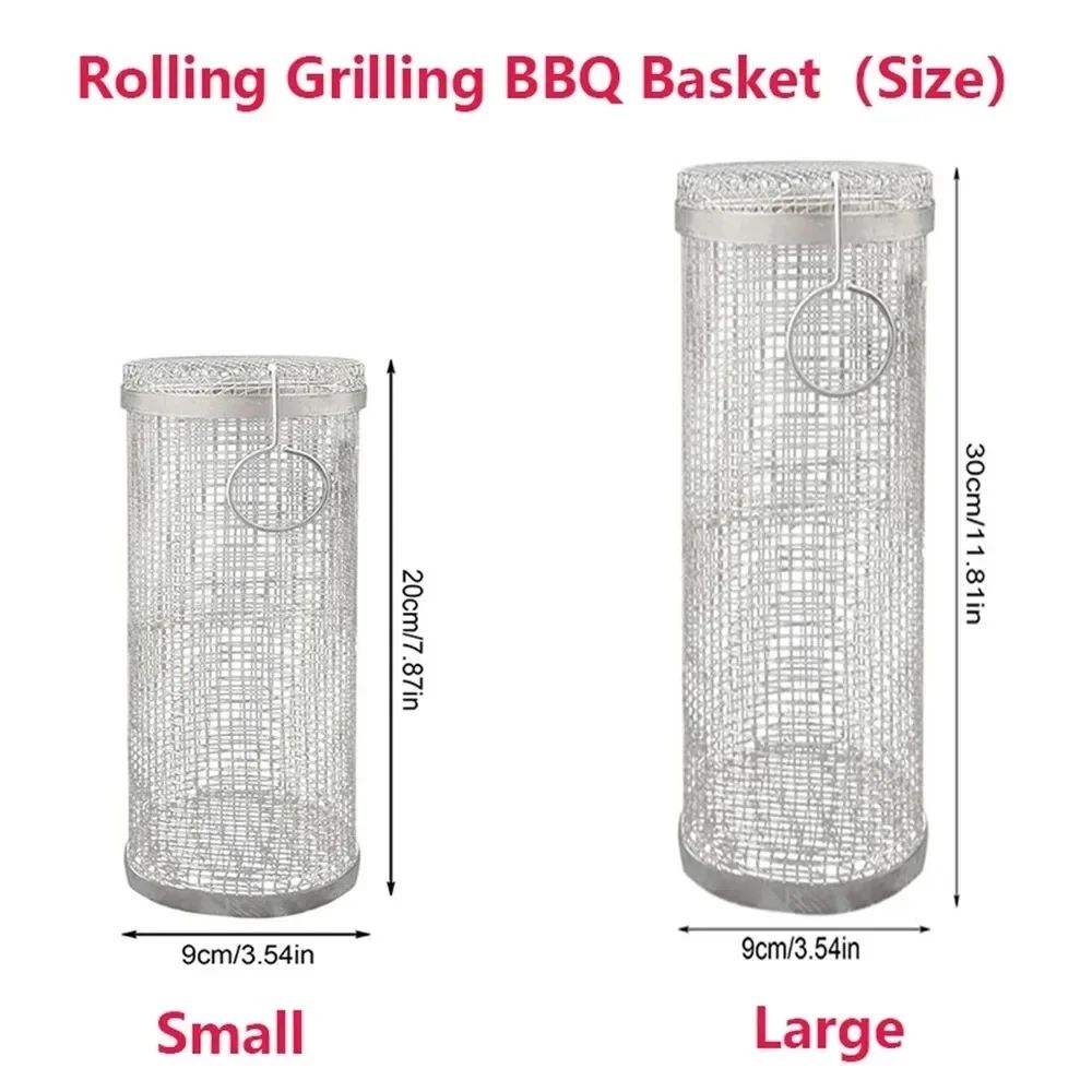 New Rolling Grilling BBQ Basket Stainless Steel Leakproof Mesh Barbecue Rack Outdoor Picnic Camping Simple Cylindrical BBQ Grill