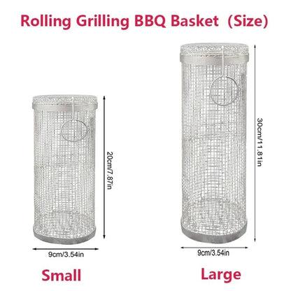 New Rolling Grilling BBQ Basket Stainless Steel Leakproof Mesh Barbecue Rack Outdoor Picnic Camping Simple Cylindrical BBQ Grill
