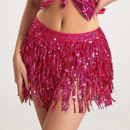 Sexy Sequins Tassel Dancewear Mini Skirt Women Clothes Jupe Femme Belly Dance Skirts Ladies Faldas Performance Stage Bottom Saia