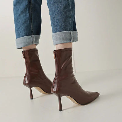 2024 New Autumn Winter Pointed Toe Women Ankle Boots Fashion Zipper Shoes Thin High Heel Women's Morder Short Booties D214