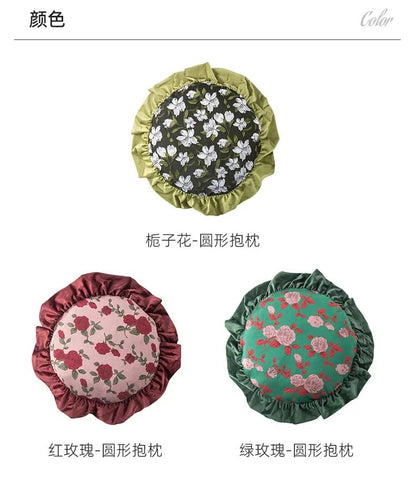 Removable Washable American Light Luxury Sofa Flower Pillow Homestay Round Cushion Retro Ruffle Edge Red Pillow  Throw Pillows