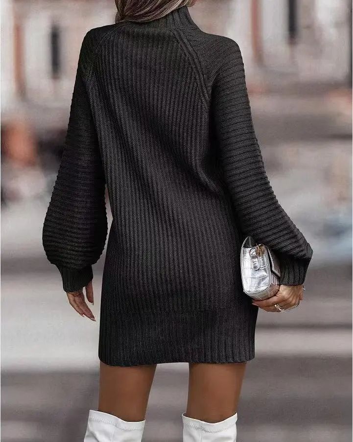 High Neck Long Sleeve Women's Knitted Dress Sweater Autumn Winter New Style Cross-Border Fashion Elegant Classy Female Garment