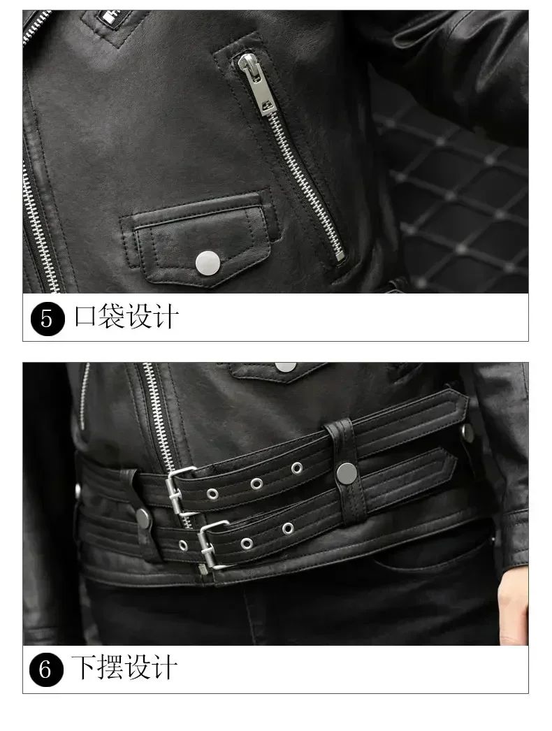 Long Sleeve Belt Plus Size European Fashion brand Spring Autumn Short Cool Black Leather Biker Jacket Men Zipper leather jackets