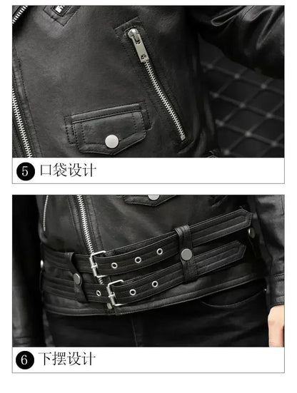 Long Sleeve Belt Plus Size European Fashion brand Spring Autumn Short Cool Black Leather Biker Jacket Men Zipper leather jackets